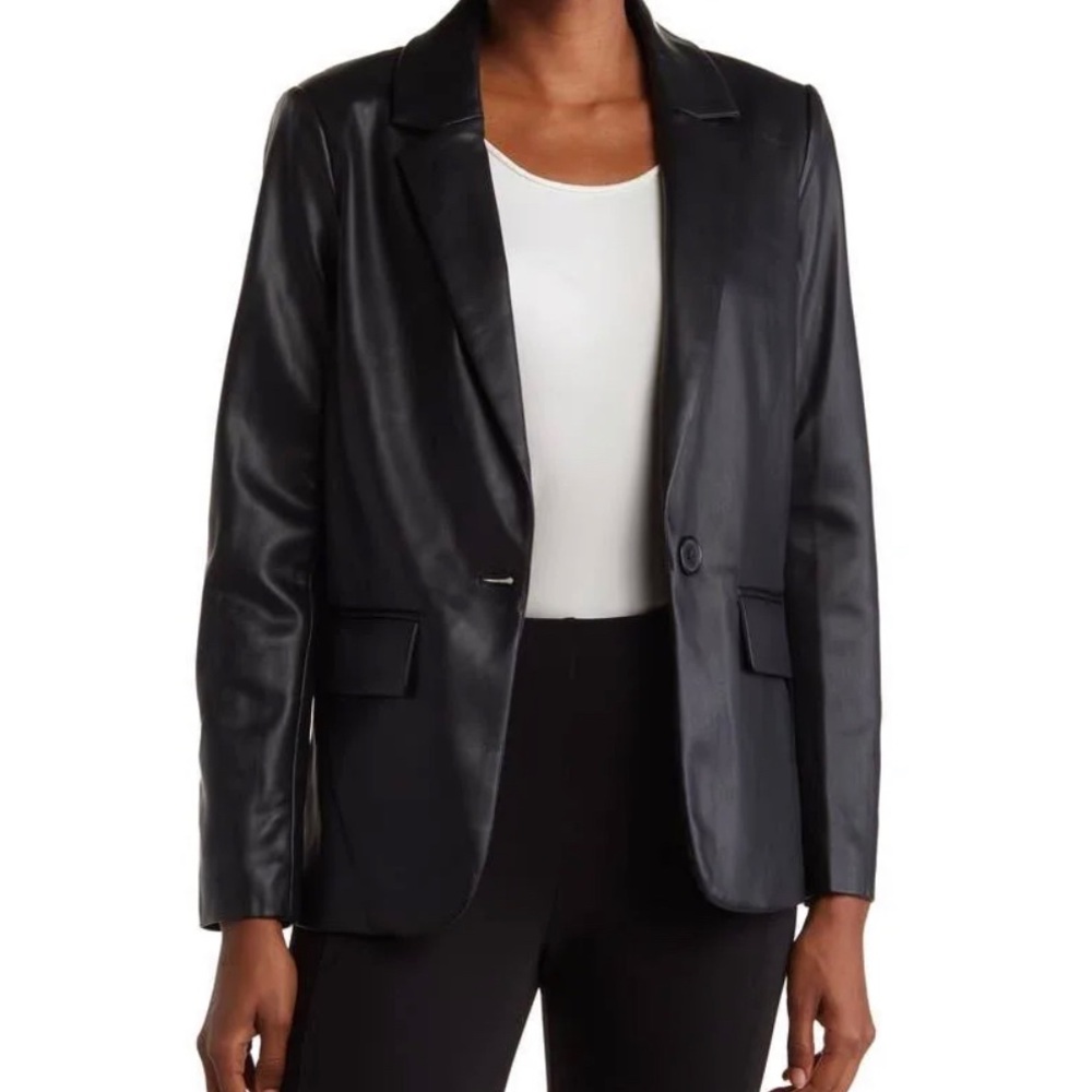 NWT T Tahari Vegan Soft Faux Leather Black Blazer Jacket XS